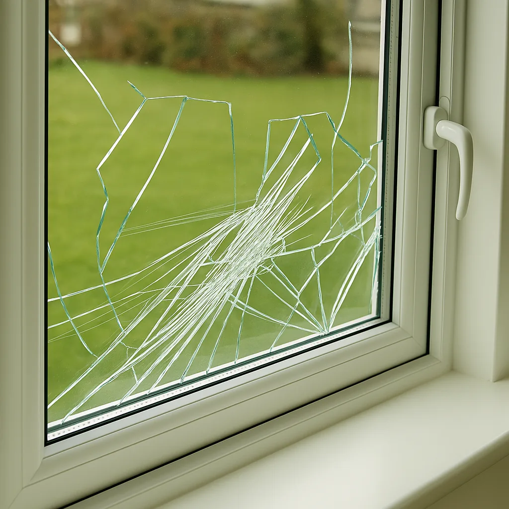 Broken float glass with long sharp shards
