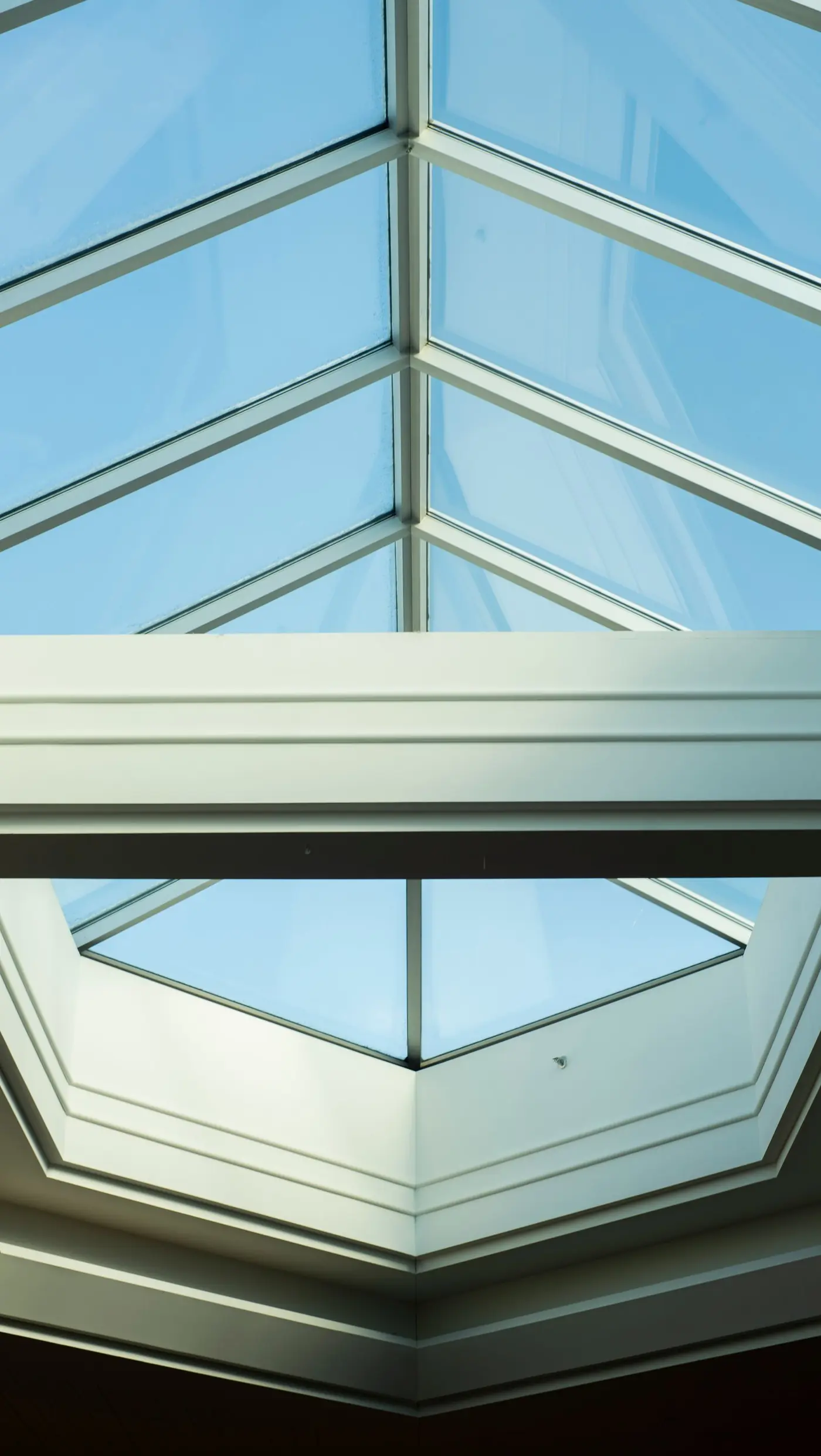 Roof lantern glazing viewed from below, showing overhead sealed units