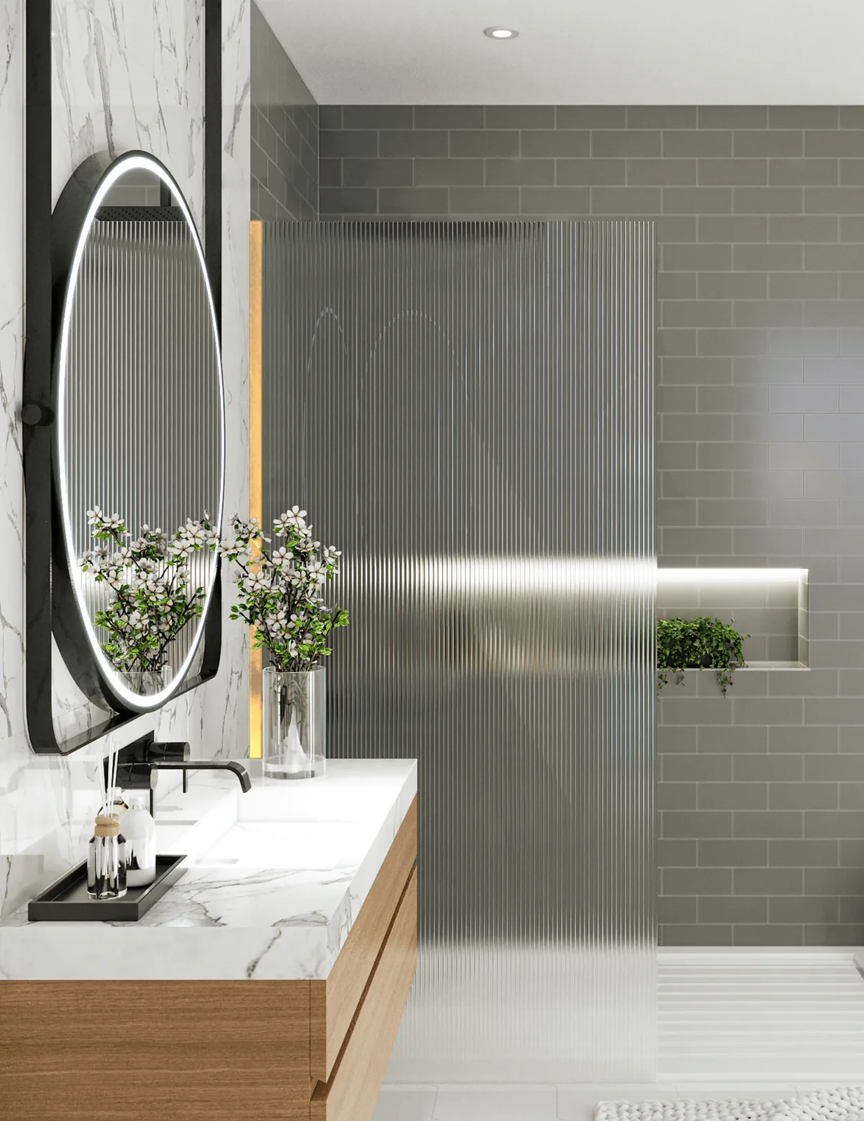 Fluted glass shower screen with brass frame