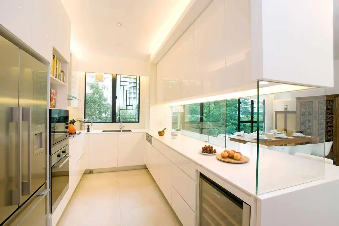 Interior glass partition beside a kitchen