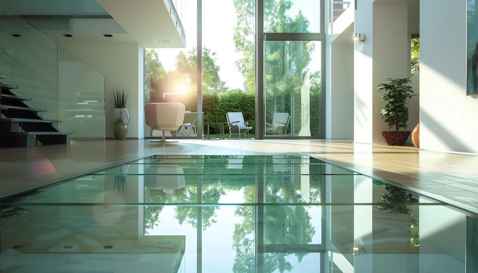 Walk-on glass floor panel in a landing